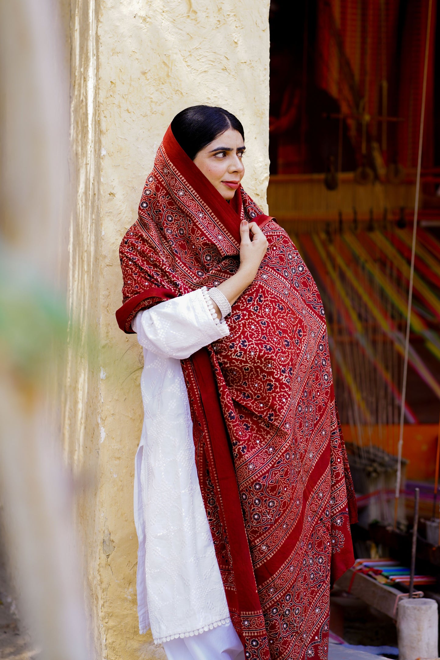 Kohsar Ajrak Chaadar Maroon