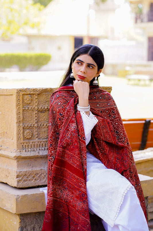Kohsar Ajrak Chaddar – Classic Maroon (Hand-Block Printed)