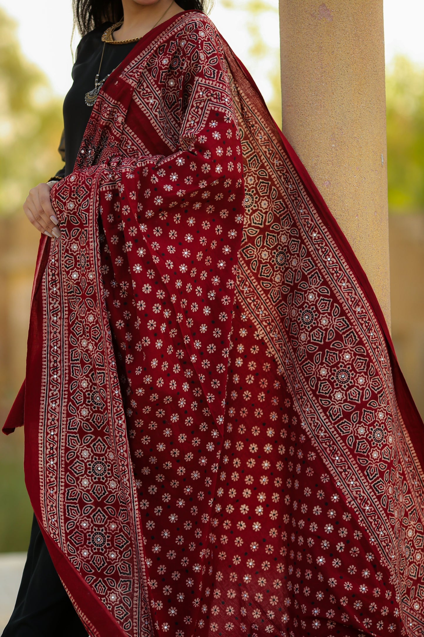 Rukhsar Ajrak Chaddar – Classic Maroon (Hand-Block Printed)