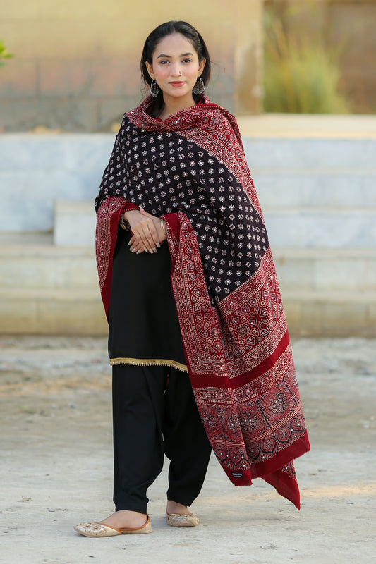 Rukhsar Ajrak Chaddar 2Tone - Black