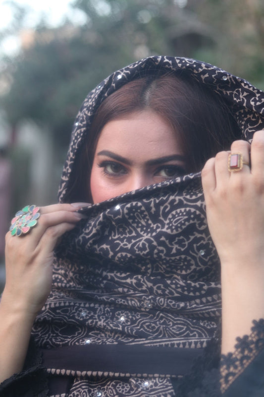 Kohsar Ajrak Chaadar Midnight Black (Naturally Dyed)