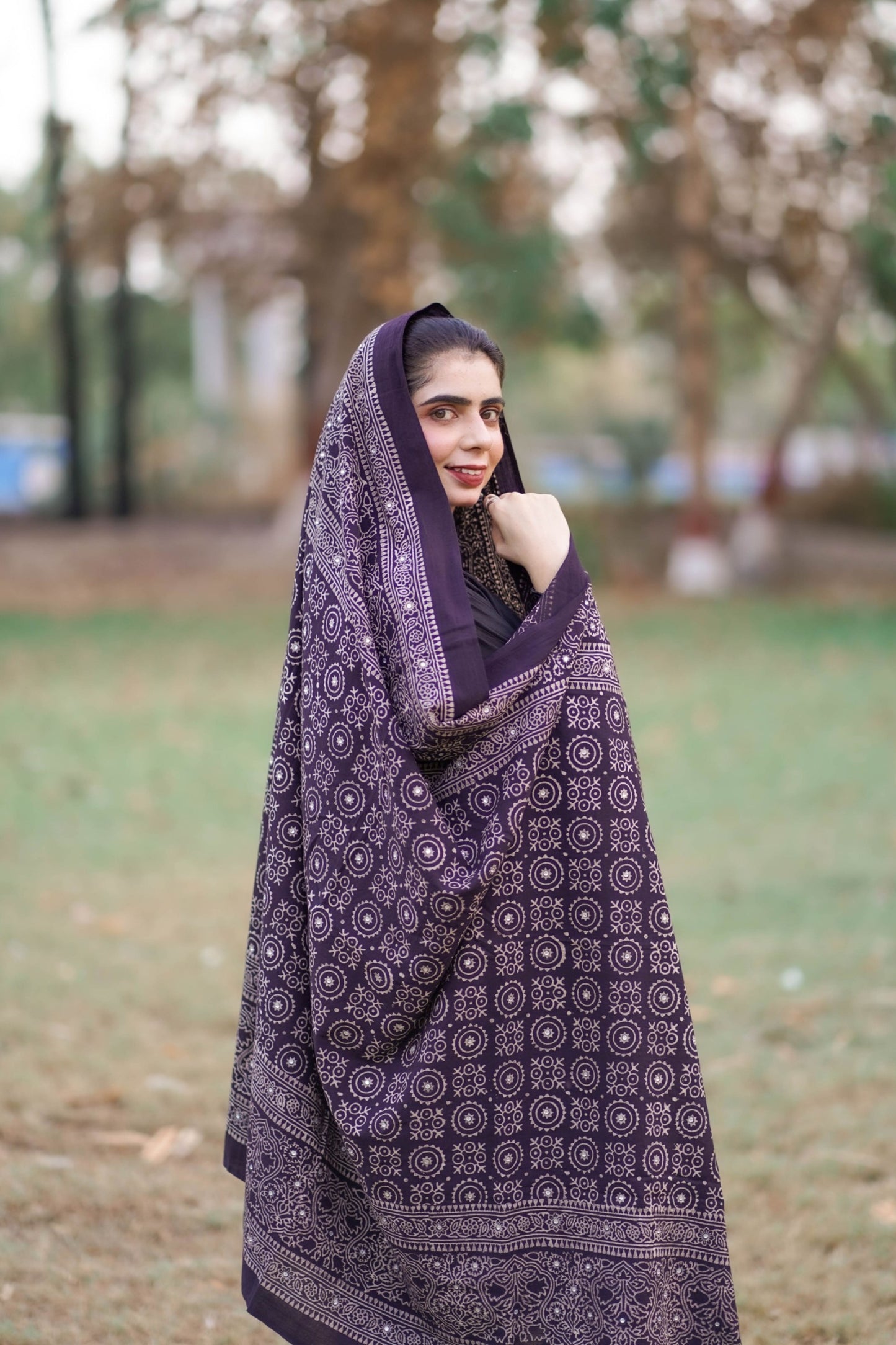 Sumbul Ajrak Chaadar Midnight Black (Naturally Dyed)