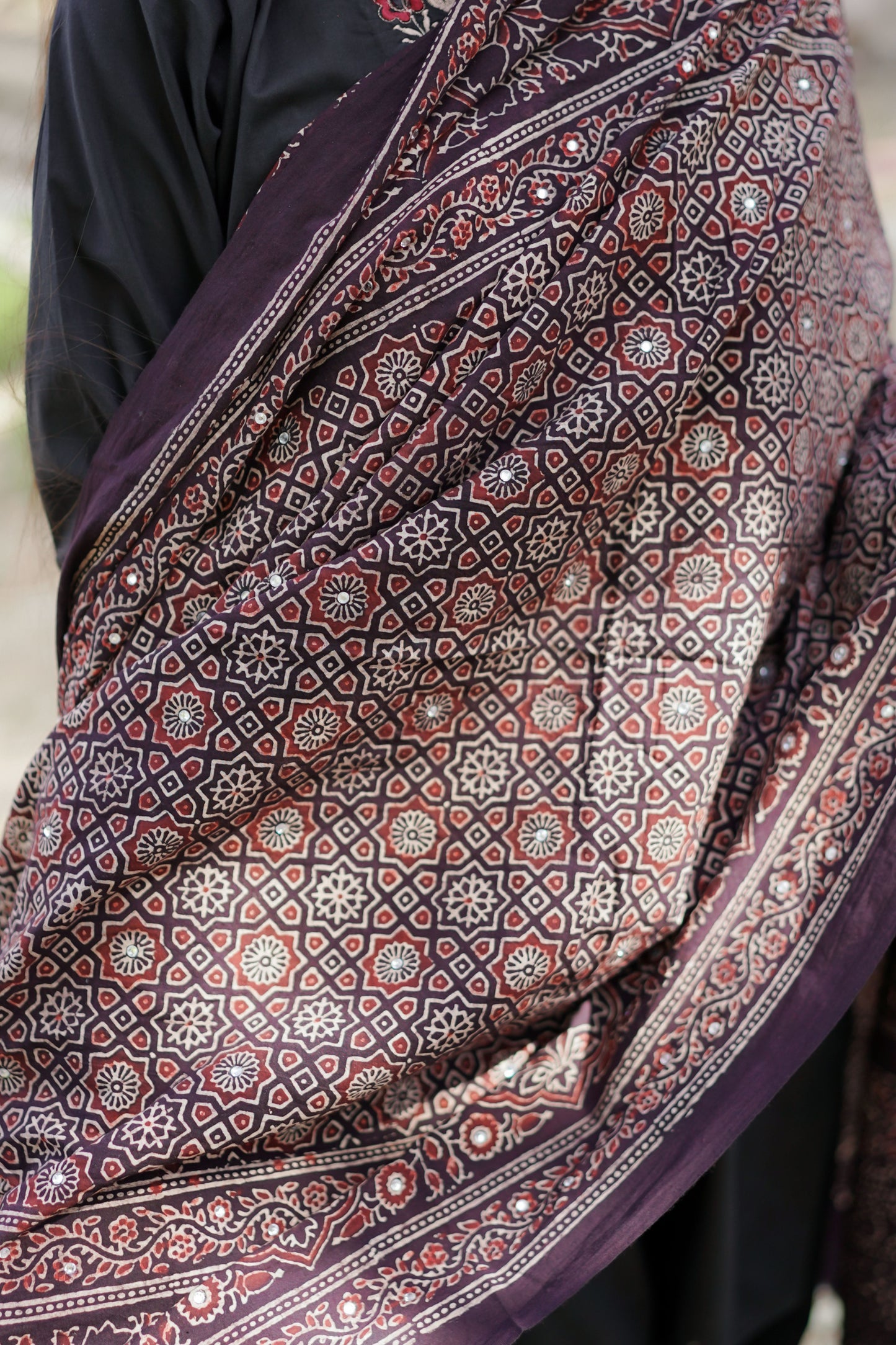 Zari Ajrak Chaddar Black & Redish