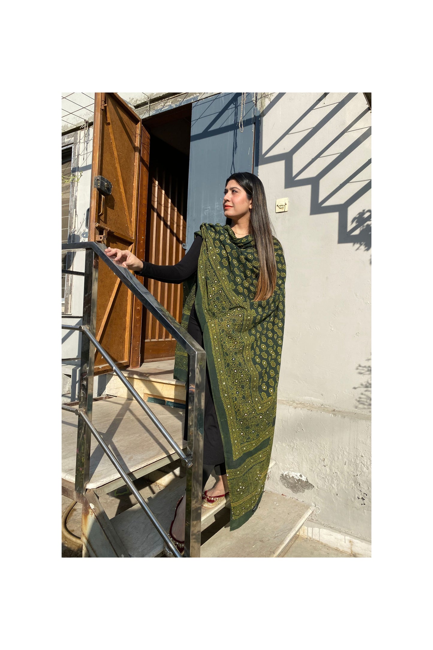 Tehzeeb Ajrak Chaddar Green – Hand Block Printed Organic Shawl