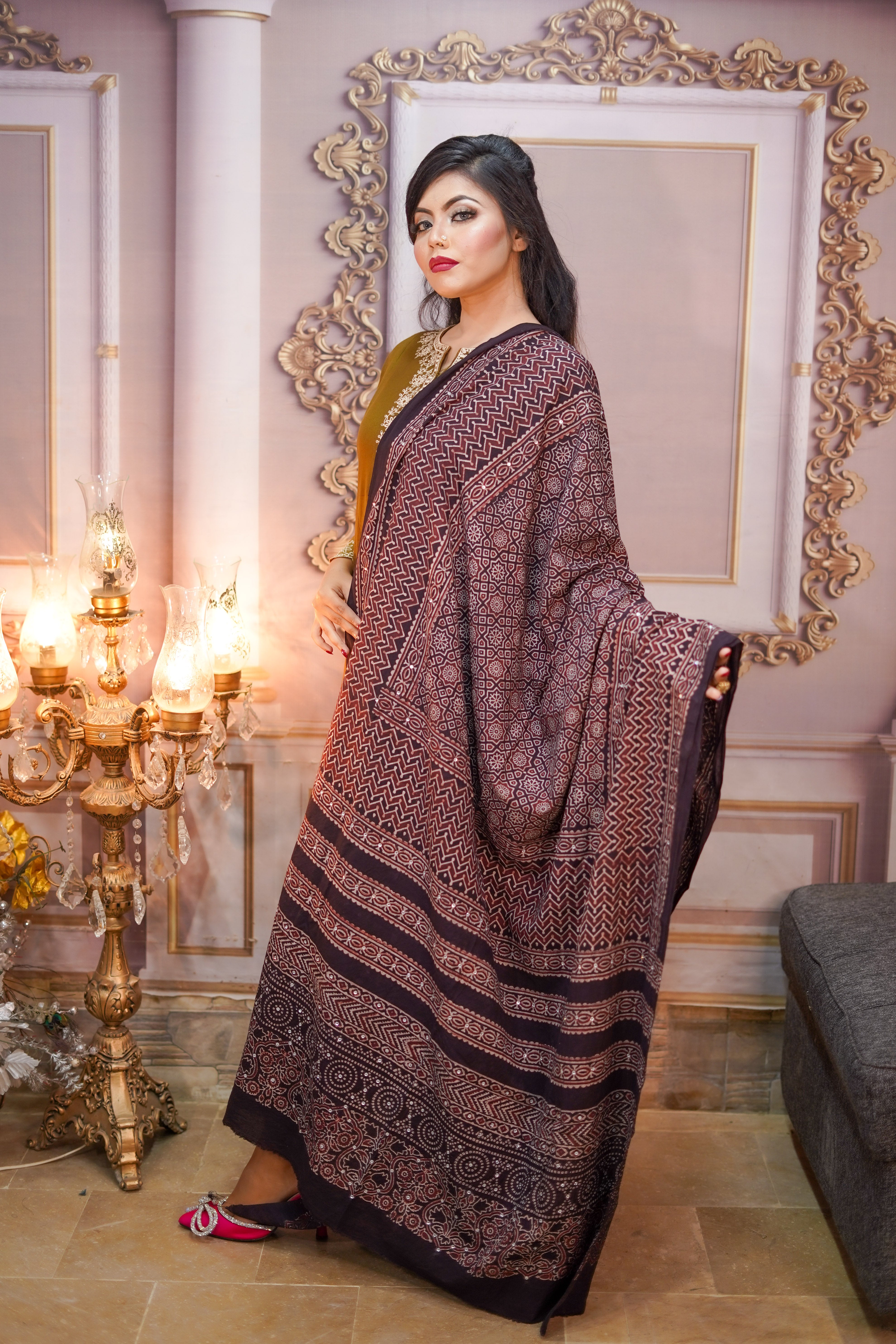 Zari Ajrak Chaddar Black & Redish