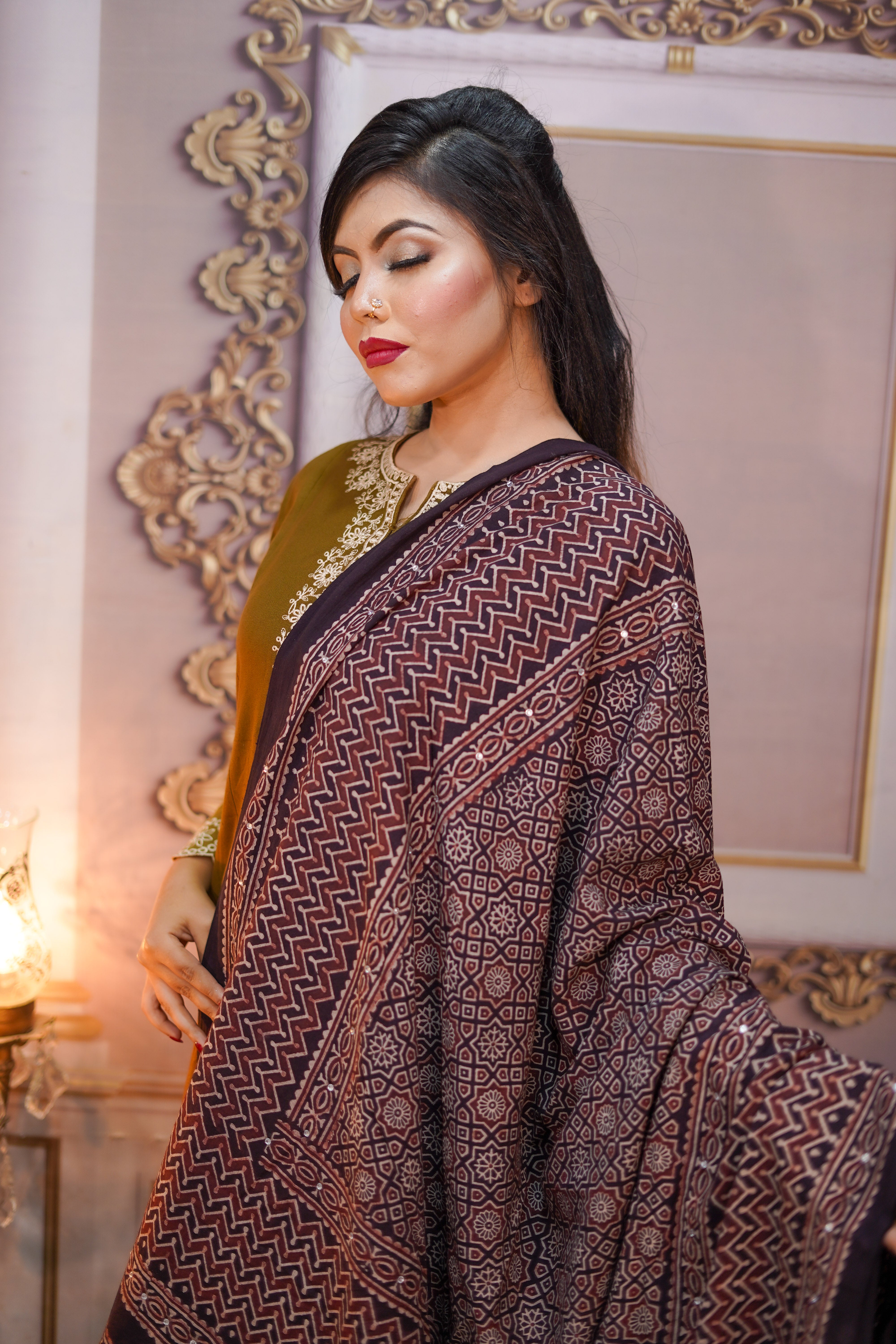 Zari Ajrak Chaddar Black & Redish