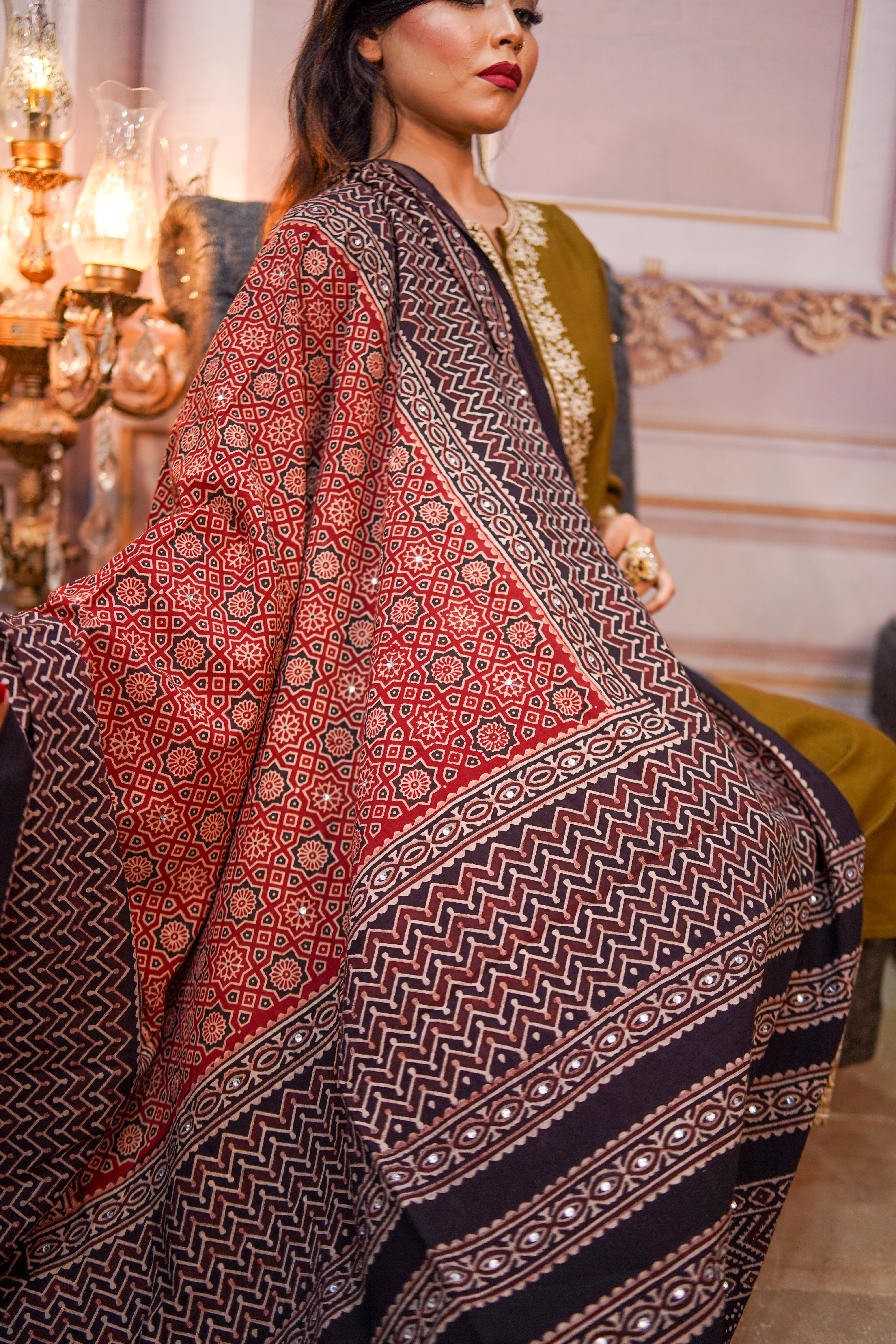 Zari Ajrak Chaddar 2 Tone  Maroon