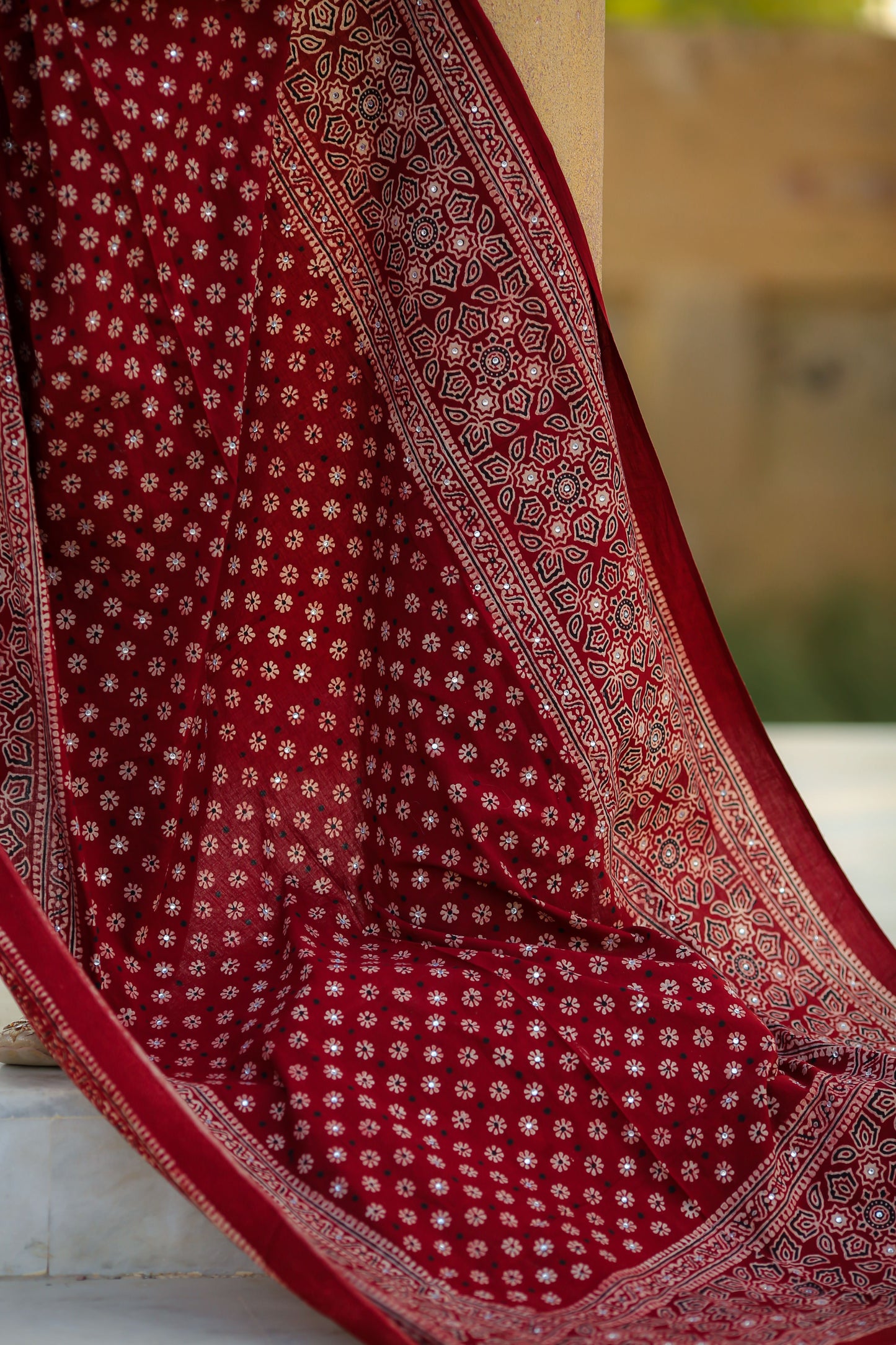 Rukhsar Ajrak Chaddar – Classic Maroon (Hand-Block Printed)