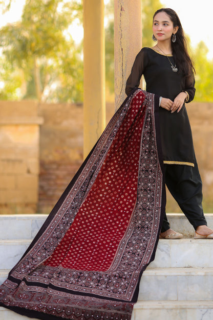 Rukhsar Ajrak Chaddar 2Tone - Maroon