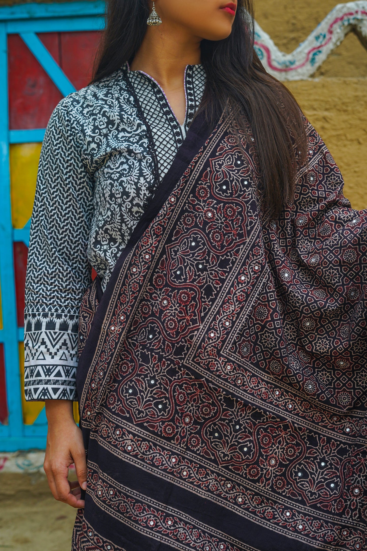 Zari Ajrak Chaddar Black & Redish