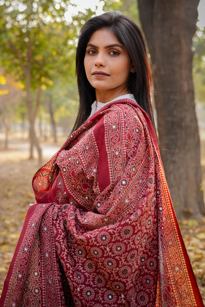 Zauq Ajrak Chaddar – Classic Maroon  Hand-Block Printed
