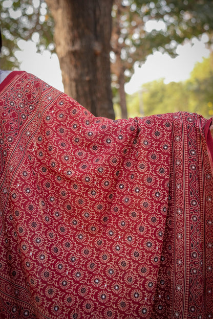 Zauq Ajrak Chaddar – Classic Maroon  Hand-Block Printed