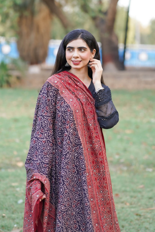 Kohsar Ajrak Chaadar 2Tone Black