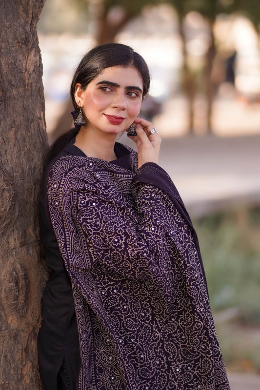Kohsar Ajrak Chaadar Black