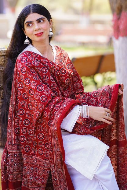 Sumbul Ajrak Chaddar Maroon: Timeless Heritage, Regal Elegance