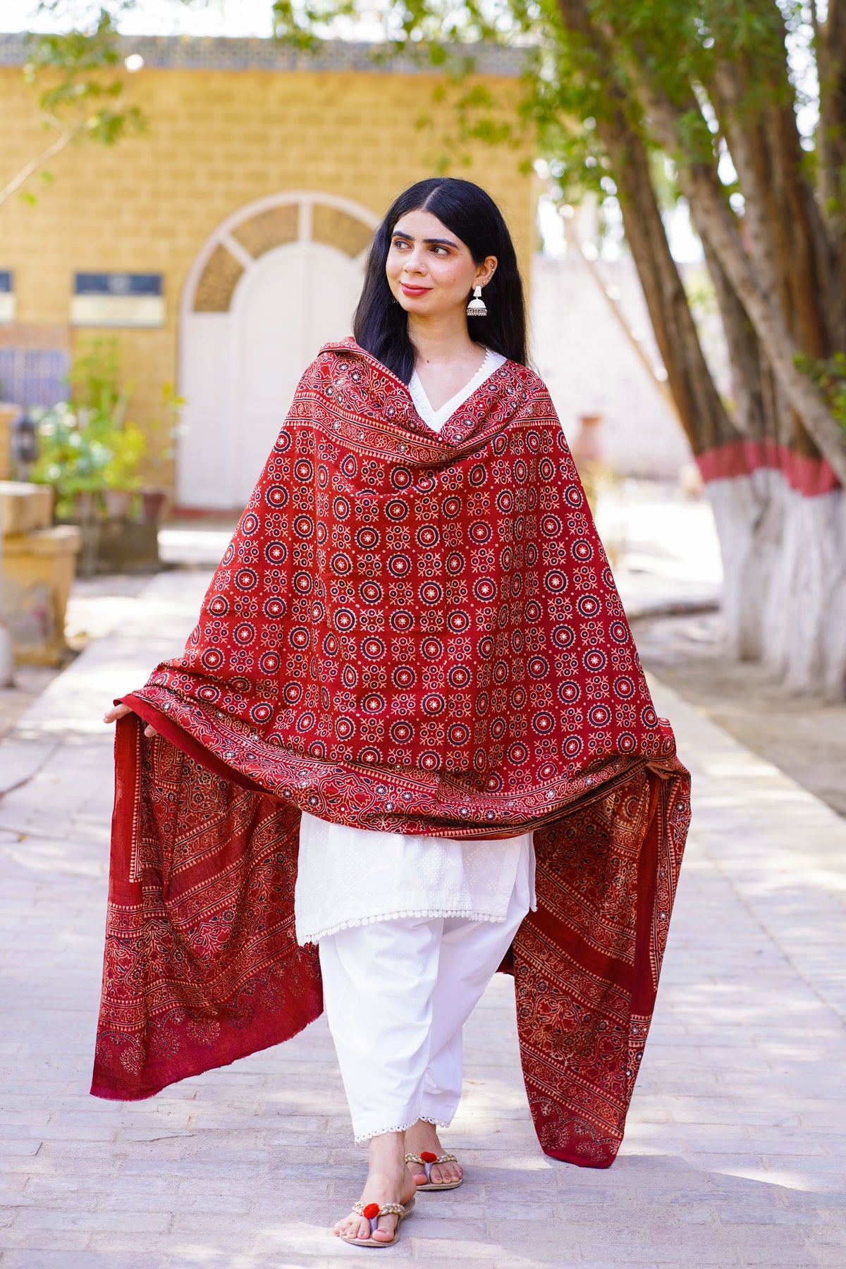 Sumbul Ajrak Chaddar Maroon: Timeless Heritage, Regal Elegance