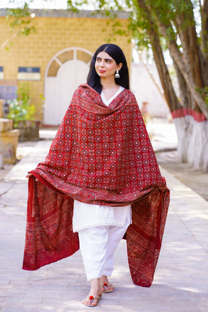 Sumbul Ajrak Chaddar Maroon: Timeless Heritage, Regal Elegance