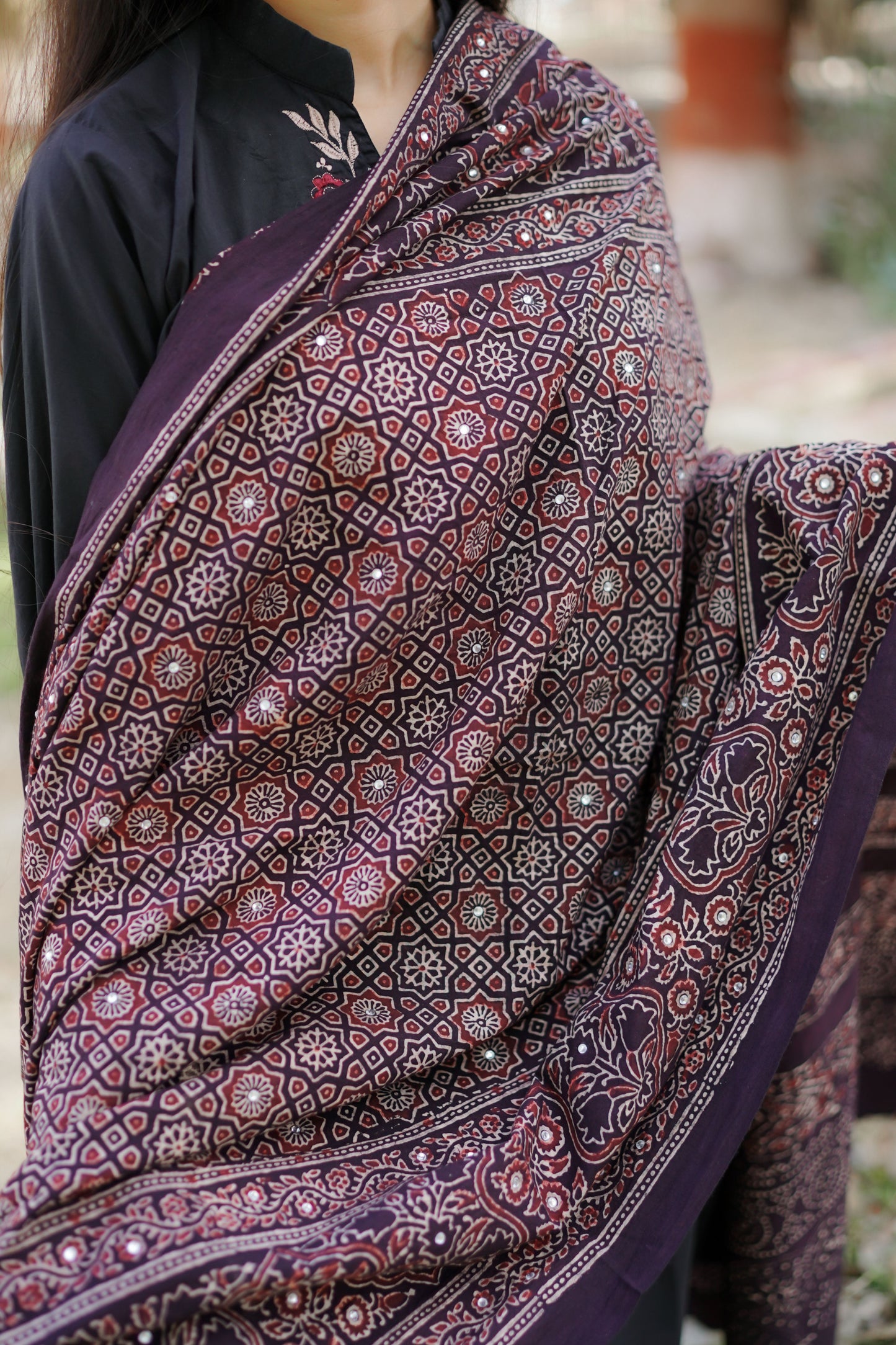 Zari Ajrak Chaddar Black & Redish