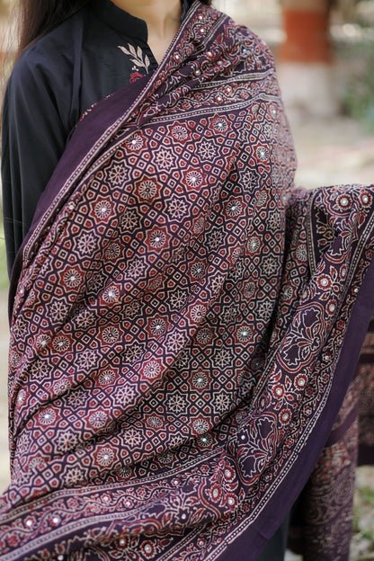 Zari Ajrak Chaddar Black & Redish