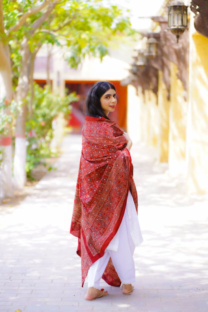 Sumbul Ajrak Chaddar Maroon: Timeless Heritage, Regal Elegance