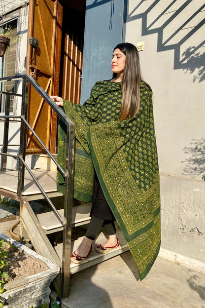 Tehzeeb Ajrak Chaddar Green – Hand Block Printed Organic  Shawl