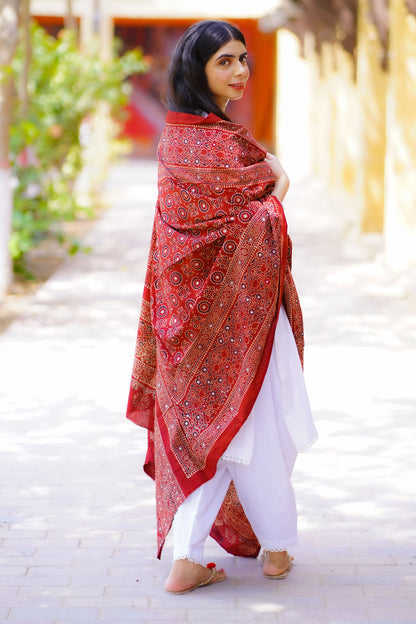 Sumbul Ajrak Chaddar Maroon: Timeless Heritage, Regal Elegance