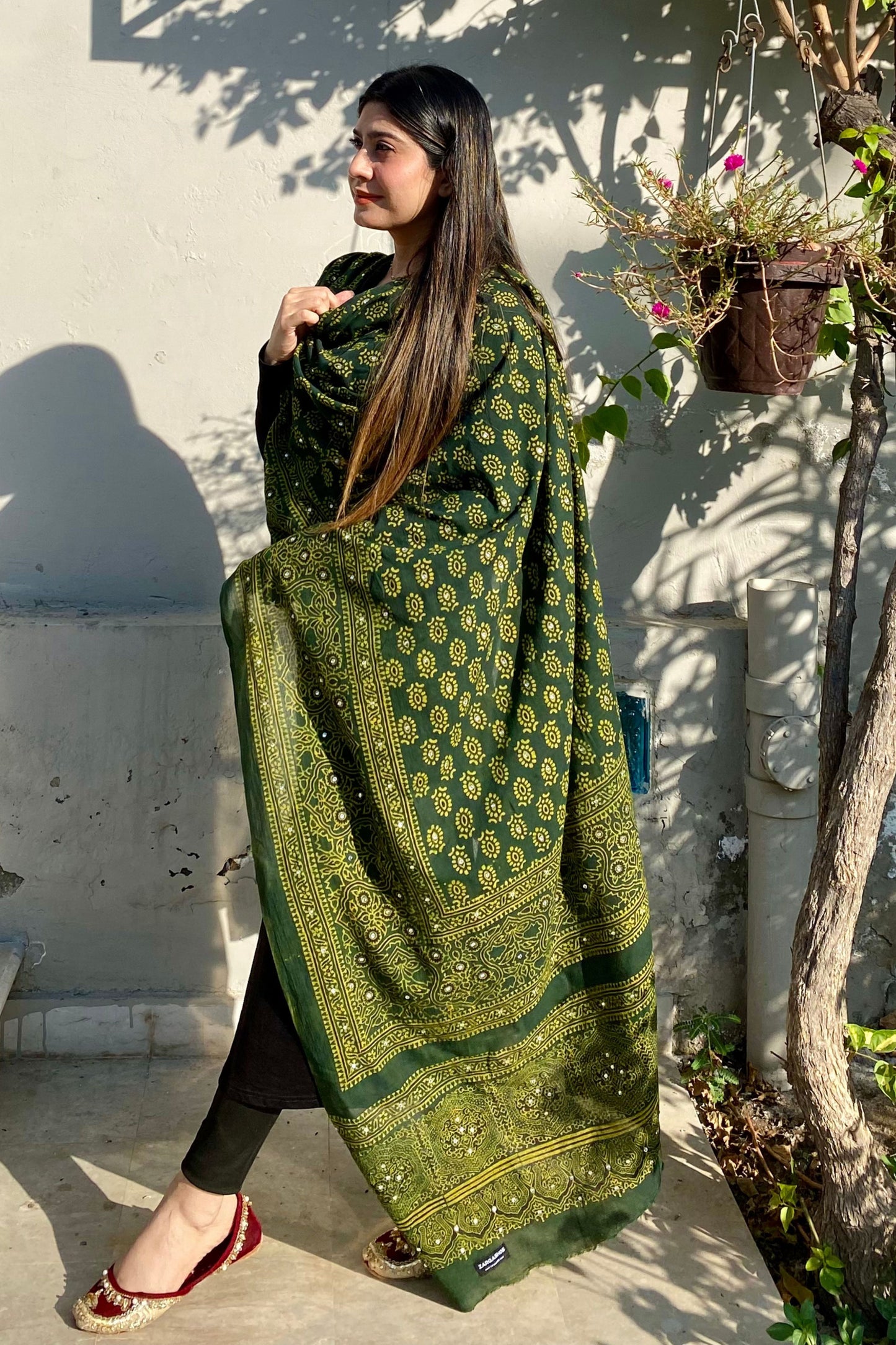 Tehzeeb Ajrak Chaddar Green – Hand Block Printed Organic  Shawl