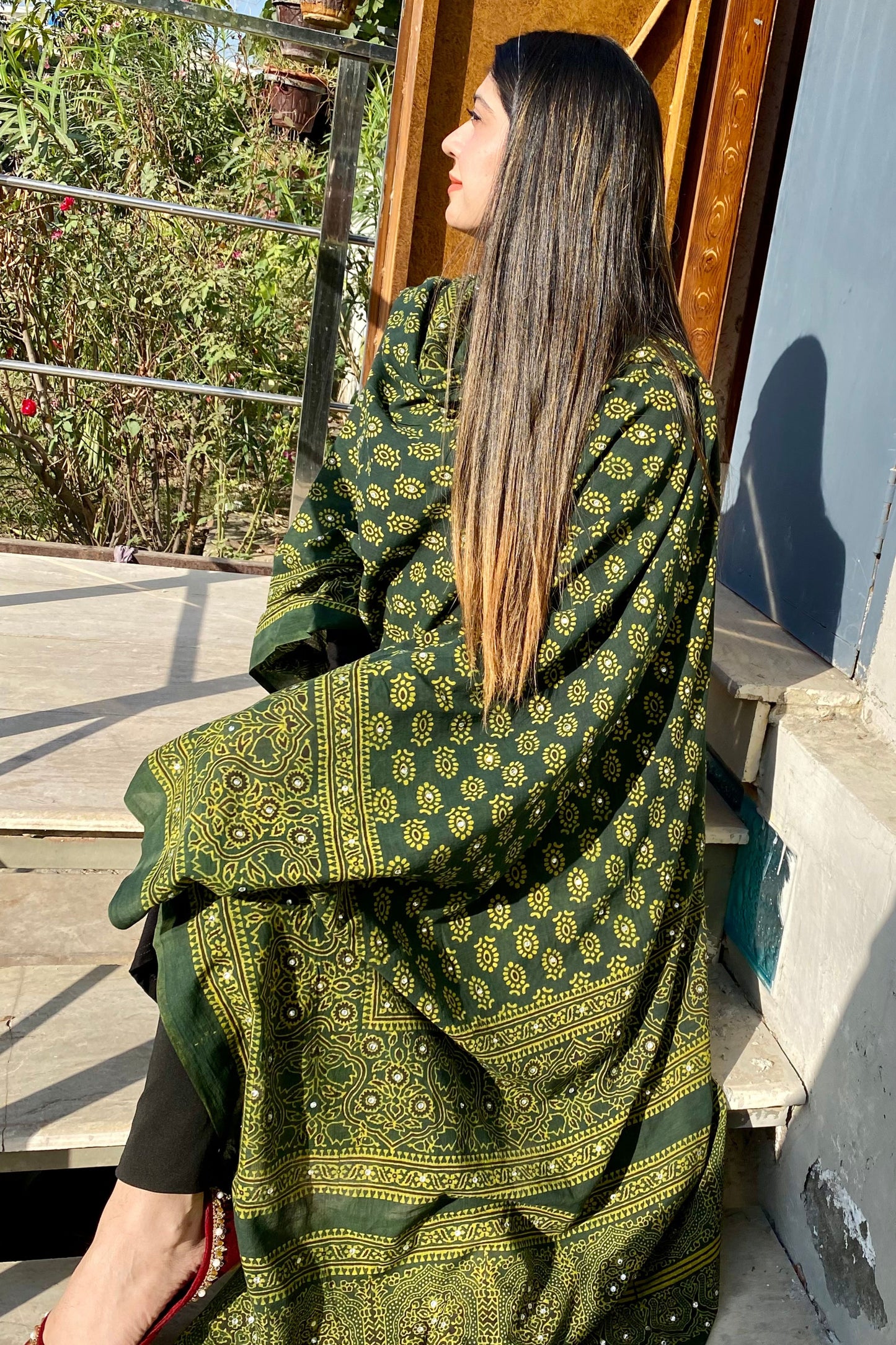 Tehzeeb Ajrak Chaddar Green – Hand Block Printed Organic  Shawl