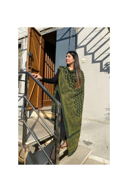 Tehzeeb Ajrak Chaddar Green – Hand Block Printed Organic  Shawl