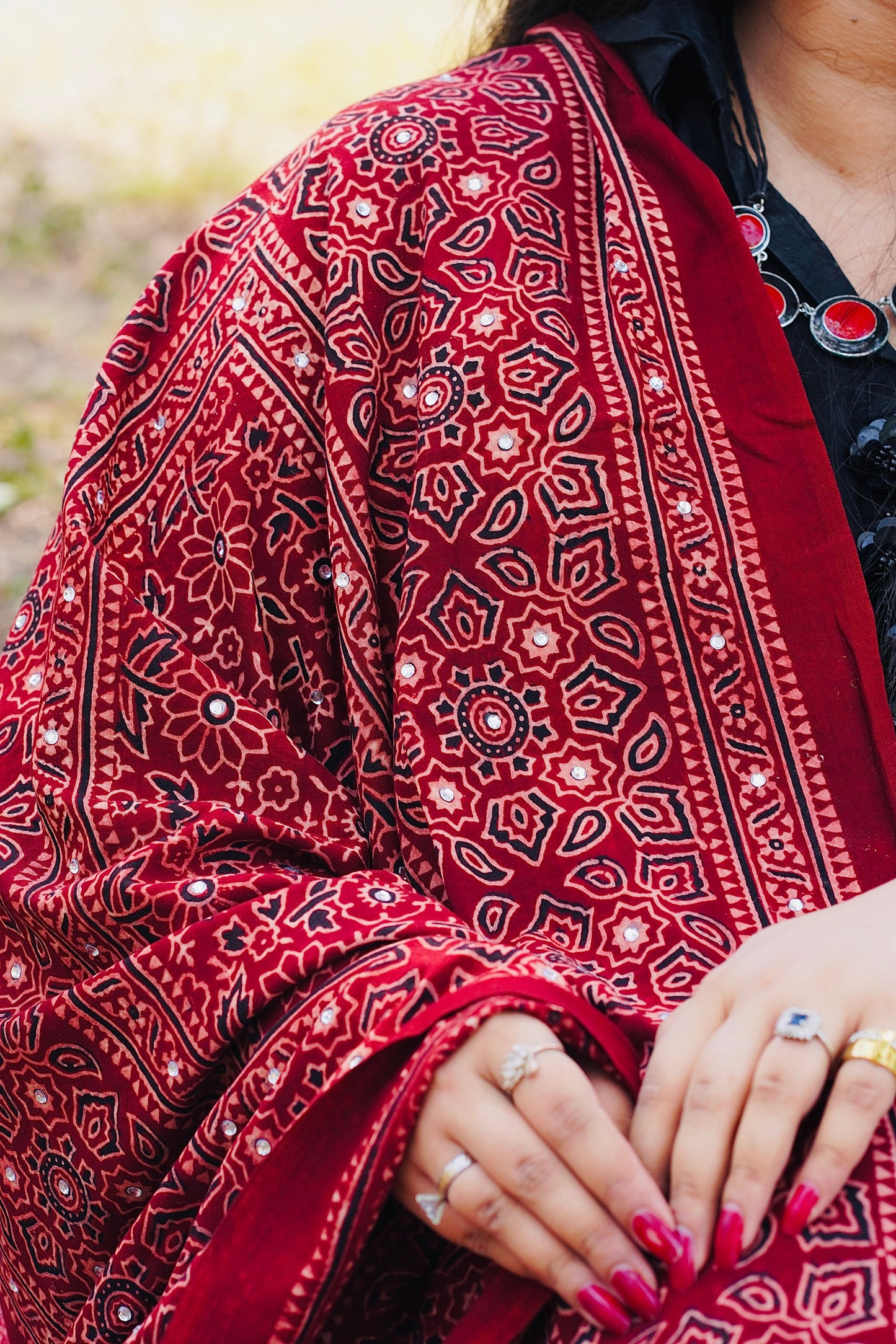 Zareen Ajrak Chaadar Maroon – Hand Block Printed