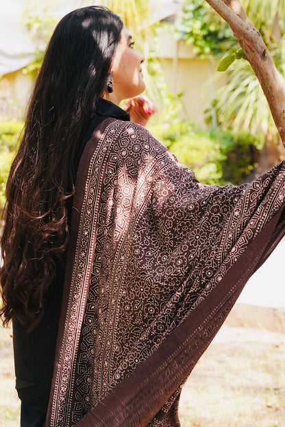 Zareen Ajrak Chaadar – Dark Chocolate Brown | Hand Block Printed