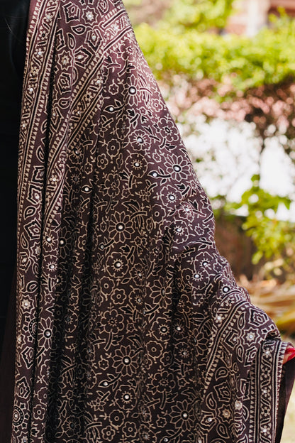 Zareen Ajrak Chaadar – Dark Chocolate Brown | Hand Block Printed