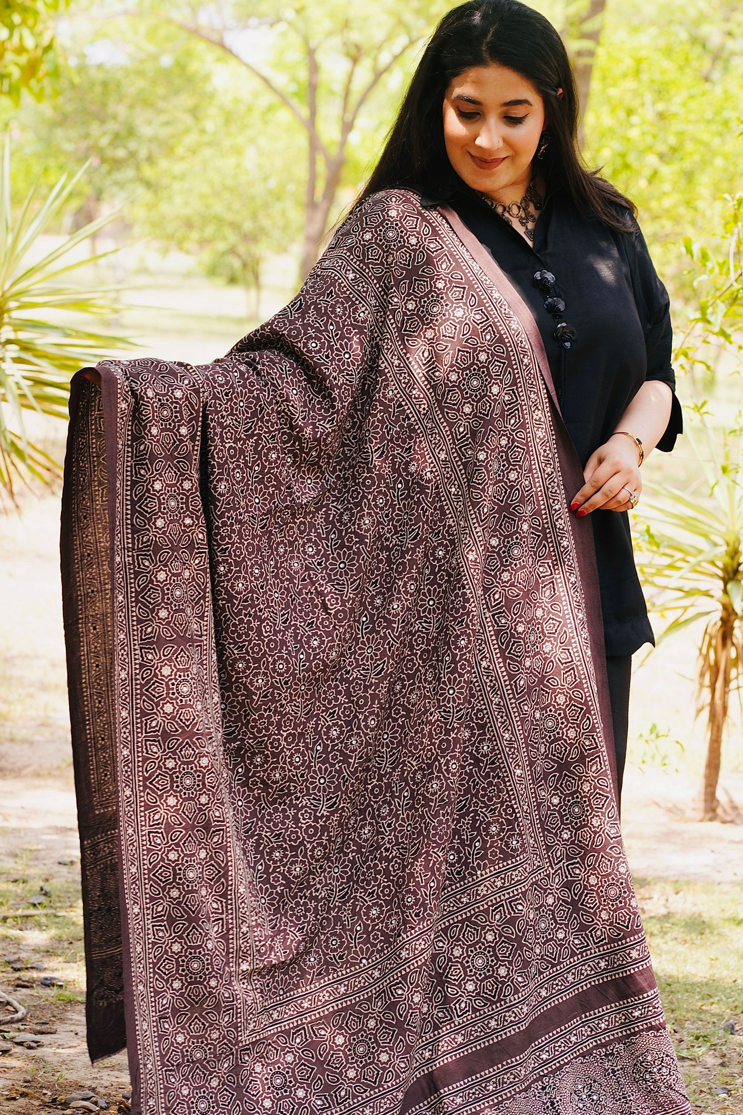 Zareen Ajrak Chaadar – Dark Chocolate Brown | Hand Block Printed