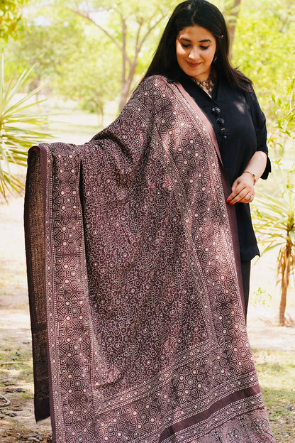 Zareen Ajrak Chaadar – Dark Chocolate Brown | Hand Block Printed